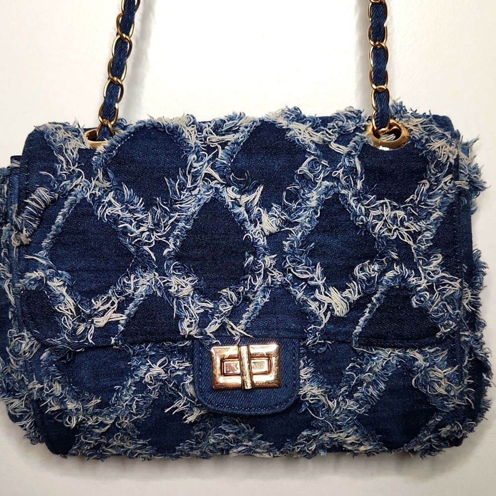 Elegant Frayed Denim Crossbody Bag